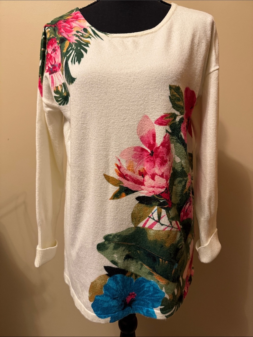 Soft Surroundings Cream Floral Crewneck Sweater with Pink and Blue Blooms